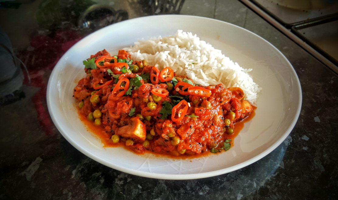The finished Bengali Mushroom and Pea Curry