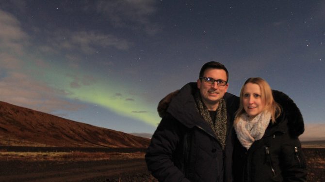 Me and Mrs Hakes in front of the Northern Lights in Iceland